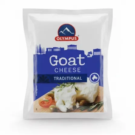 Olympus traditional goat cheese packaged in vacuum-sealed 150g pack with blue and white label