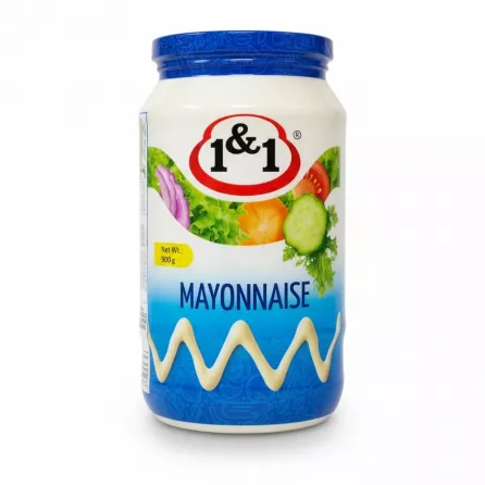 Jar of 1&1 mayonnaise label showing brand and product name