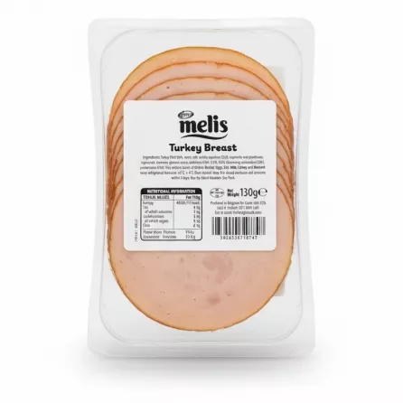 Gima Melis Halal Turkey Breast sliced meat pack back label showing ingredients and nutrition