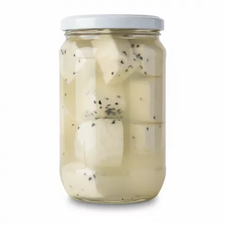 Close-up of white cheese cubes with black seeds submerged in brine in a glass jar