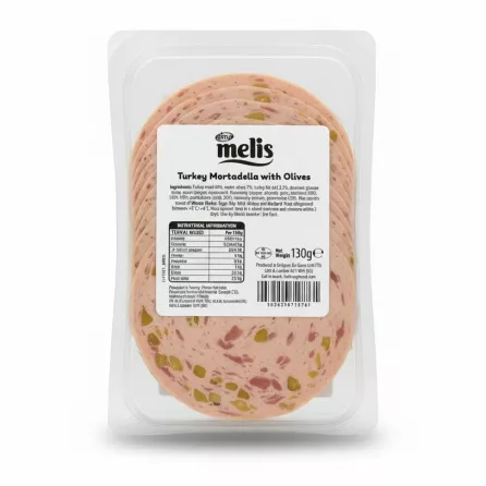 Back label of Melis Turkey Mortadella with Olives showing nutrition and ingredients