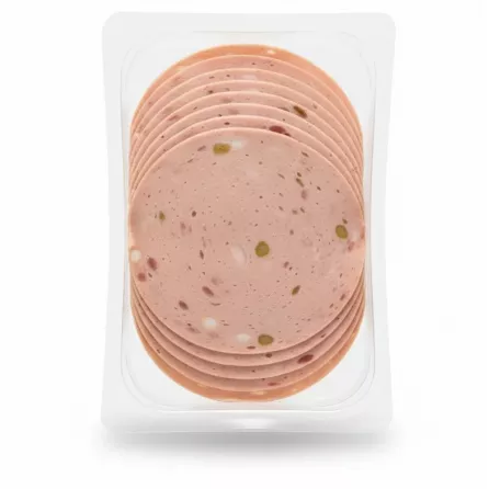Packaged slices of Melis Turkey Mortadella with Olives