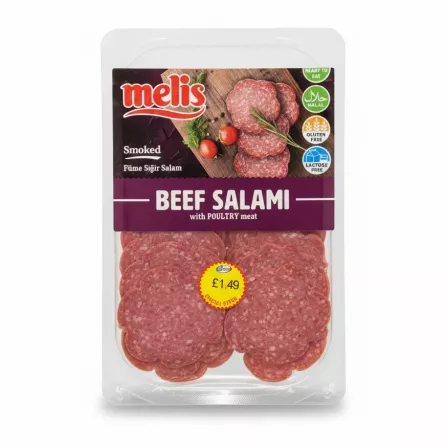 Melis smoked beef salami with poultry meat slices in clear packaging