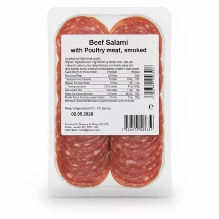 Back label of Melis smoked beef salami showing ingredients and nutritional facts