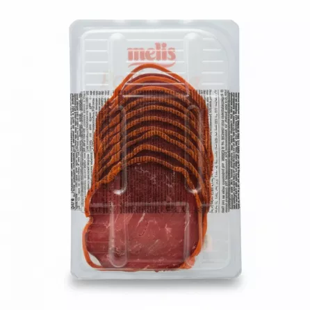 Back packaging showing sliced cured beef inside Melis Pastirma pack