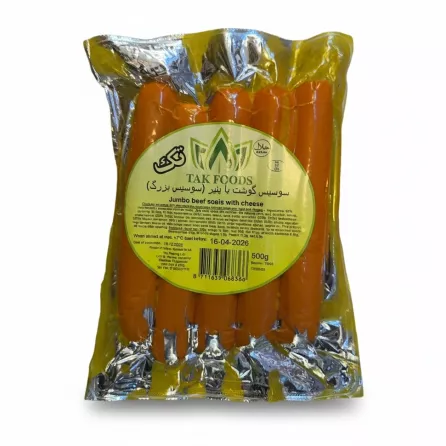 Tak Foods Jumbo Beef Sausages with Cheese vacuum-sealed pack front view