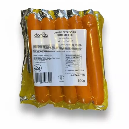 Back view of Donya jumbo beef sausages package showing nutritional info and halal logo