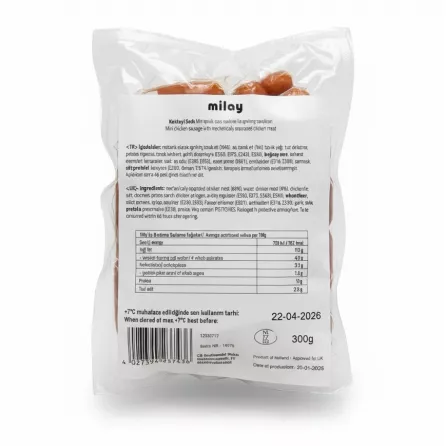 Back view of Milay Chicken Mini Cocktail Sausages package with ingredients and nutritional information