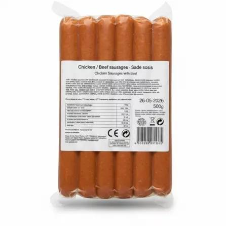 Back view of Melis chicken and beef sausages packaging with nutritional info