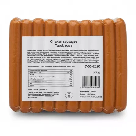 Back side of Melis Chicken Sausages pack showing ingredients, nutritional facts, and barcode
