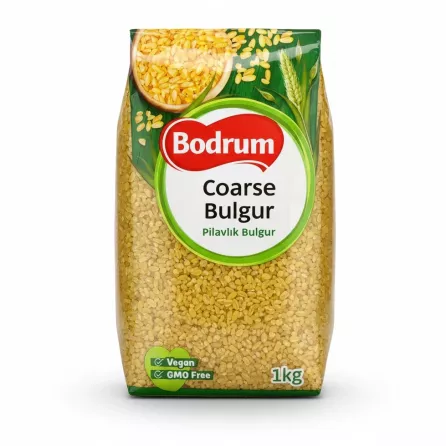 Pack of Bodrum coarse bulgur wheat showing grains inside clear packaging