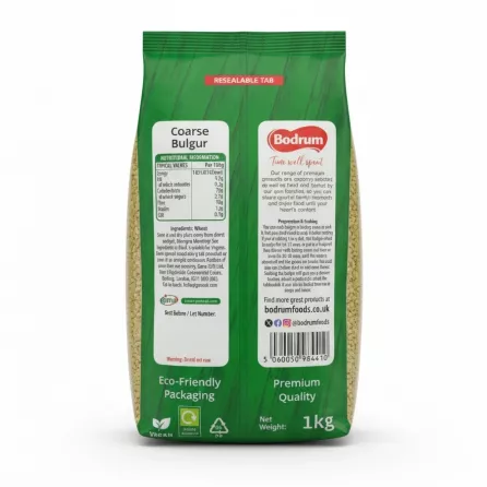 Back of Bodrum coarse bulgur wheat package detailing ingredients, nutrition, and cooking instructions