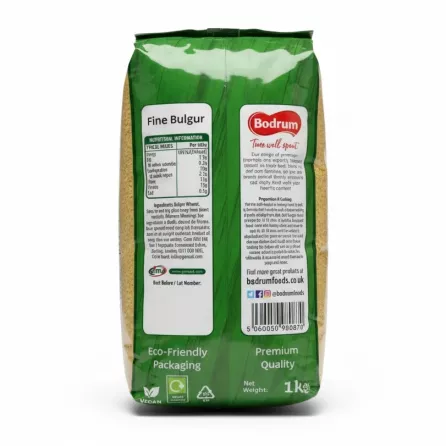 Back of Bodrum Fine Bulgur Wheat pack showing nutritional info and barcode