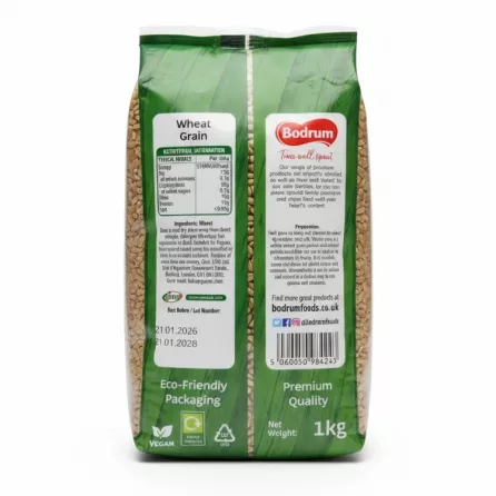 Bodrum Wheat Grain 1kg pack back view with nutritional and preparation info