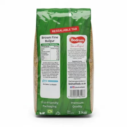 Bodrum Brown Fine Bulgur Wheat nutritional and cooking information on back