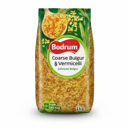 Pack of Bodrum Coarse Bulgur & Vermicelli showing bulgur and vermicelli grains