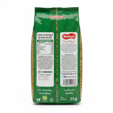 Back of Bodrum Coarse Bulgur & Vermicelli pack with nutritional info and resealable tab