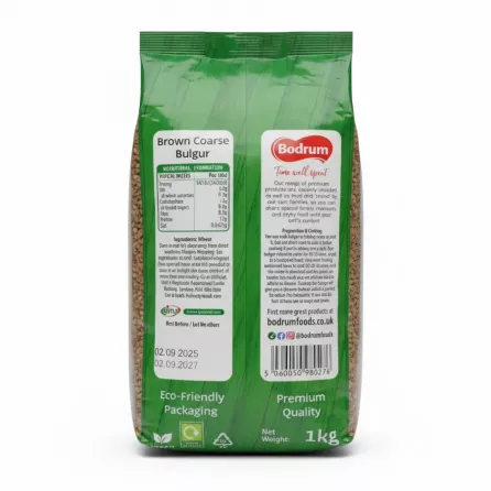 Bodrum Brown Coarse Bulgur Wheat 1kg back packaging with nutritional info