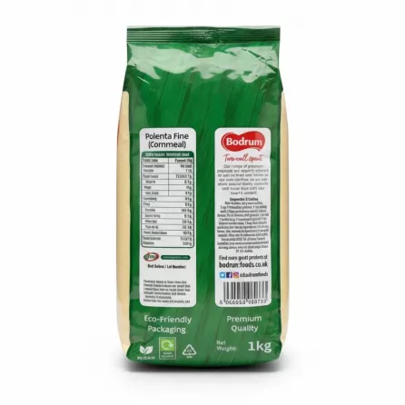 Bodrum Fine Polenta Cornmeal 1kg packaging back with nutritional information