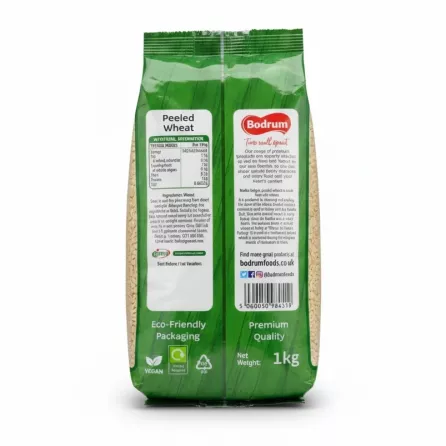 Bodrum Peeled Wheat 1kg back packaging with nutritional info and product details