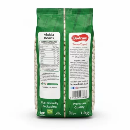 Bodrum Alubia Beans 1kg pack back with nutrition and preparation details