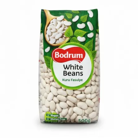 Bodrum branded package of white beans with green leafy design