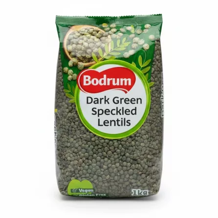 Bodrum dark green speckled lentils package front view