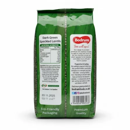Back view of Bodrum dark green speckled lentils package with cooking instructions and nutritional information