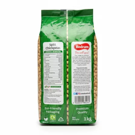 Bodrum Split Chickpeas 1kg package back with nutritional info