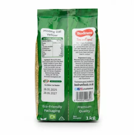 Bodrum Yellow Moong Dal 1kg pack back view with nutritional info and cooking instructions