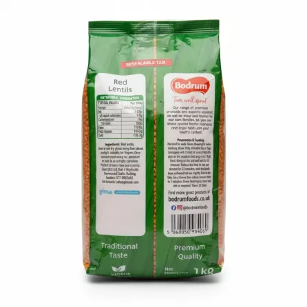 Bodrum Red Lentils package back view with nutritional info
