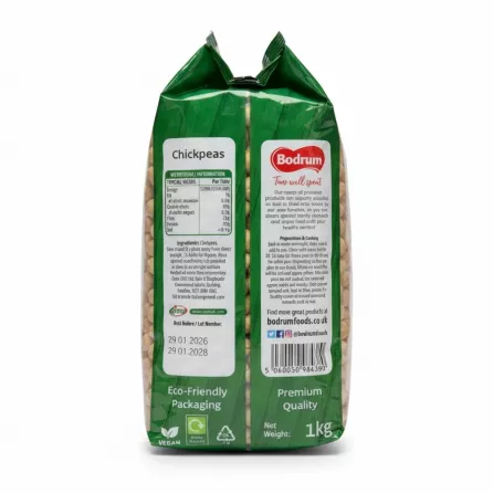 Bodrum Chickpeas pack back view with nutritional info and cooking instructions