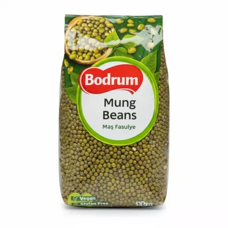 Bag of Bodrum brand green mung beans front view