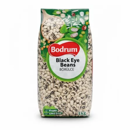 Package of Bodrum Black Eye Beans on a showing front with logo and beans on a white background