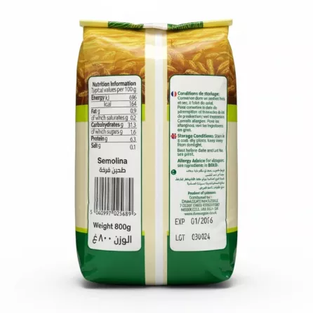 Sofra Semolina 800g resealable bag back with nutritional info