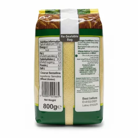 Back packaging showing ingredients and nutritional info of Sofra Coarse Semolina