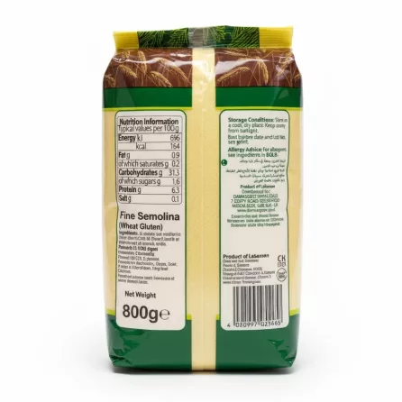 Sofra fine semolina pack back with nutrition and storage info