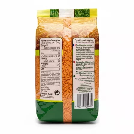 Back view of Sofra Red Split Lentils resealable bag with nutritional info and storage details