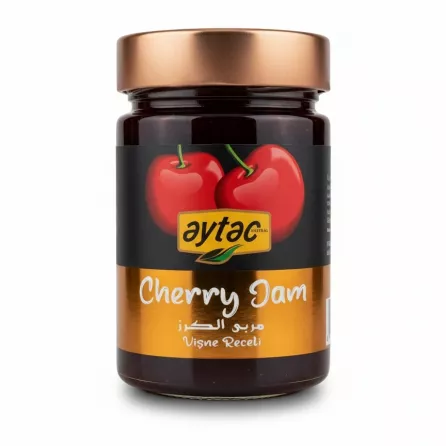 Jar of aytac Cherry Jam with cherry illustration on label