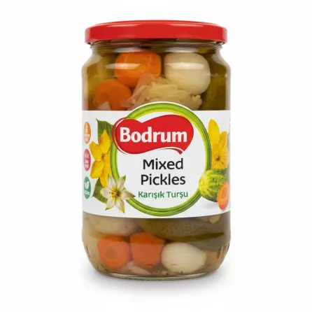 Jar of Bodrum Mixed Pickles showing colourful vegetables and red lid