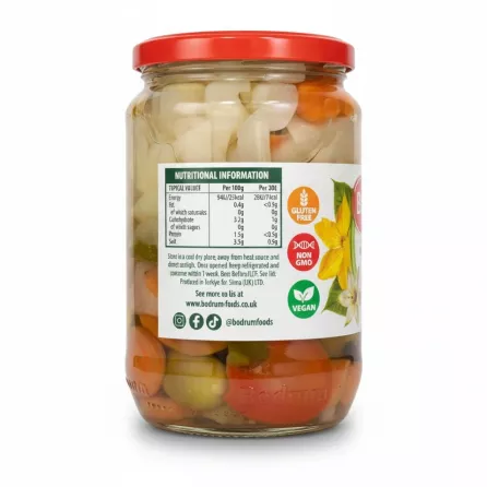 Back of Bodrum Mixed Pickles jar with nutritional information and certification icons