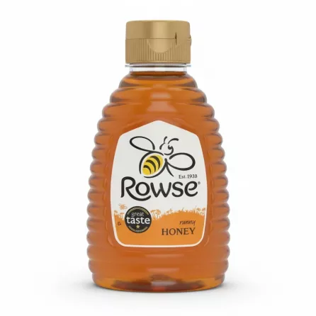 Rowse Runny Honey plastic bottle with bee logo on front