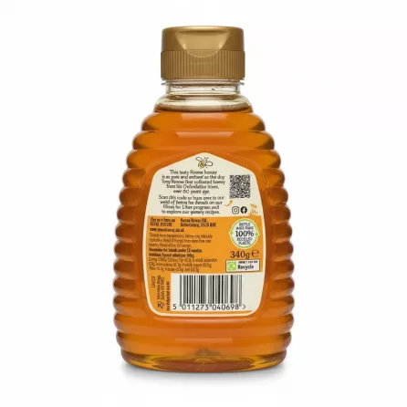 Back label of Rowse Runny Honey bottle showing ingredients and barcode