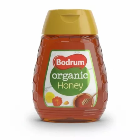 Bottle of Bodrum Organic Honey with yellow cap and honeycomb shaped container