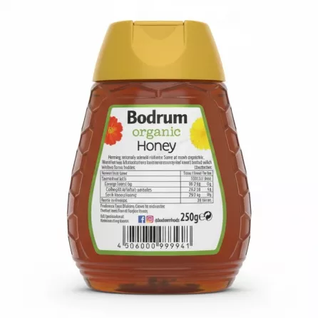 Back label of Bodrum Organic Honey showing nutritional facts and barcode