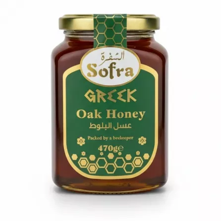 Jar of Sofra Greek Oak Honey with green label