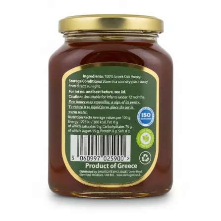 Back label showing ingredients and nutritional facts of Sofra Greek Oak Honey