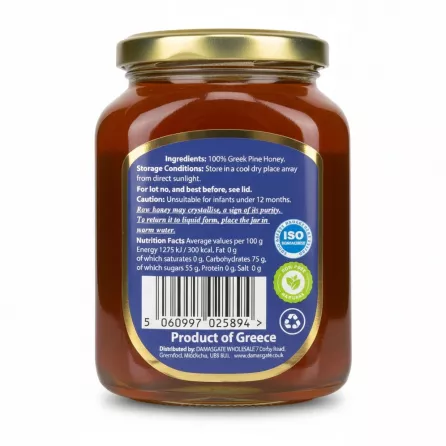 Back label of Sofra Greek Pine Honey showing ingredients and nutrition facts
