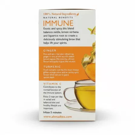 Ahmad Tea Immune herbal tea box back with ingredients and benefits