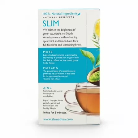Packaging details of Ahmad Tea Slim including natural benefits and ingredients